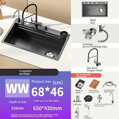 Stainless Steel Kitchen Sink With Waterfall Nano Embossed Large Single Slot Vegetable and Dishwashing Sinks Udermount Basin