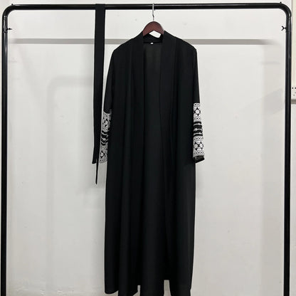 Ramadan Eid Black Open Kimono Abaya with Sashes Damen Dubai Islam Muslim Dress Kaftan Prayer Clothes Women Kebaya Robe Femme.