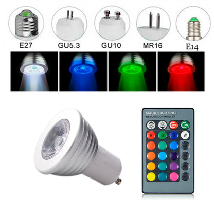 AC85-265V 12V MR16 E27 E14 GU10 GU5.3 RGB Spotlight 3W Dimmable E27 Led Bulbs with 24keys Remote Light Tubes for Home Decoration.