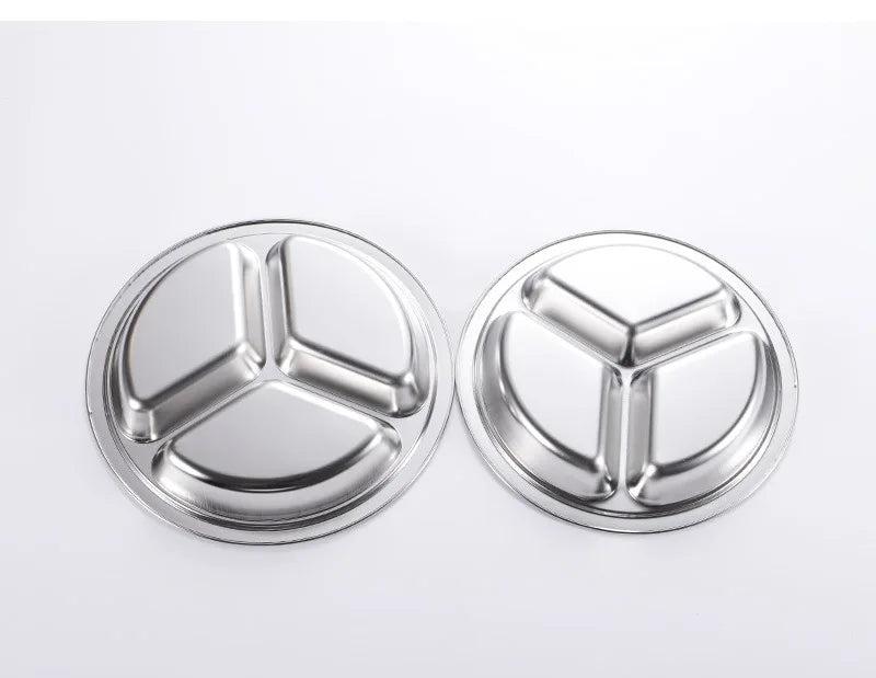 3 Grid Satinless Steel Food Plate Round School Kids Dish Trays Meal Sharing Dishes Set Service Table Student Main Dining Cutlery.