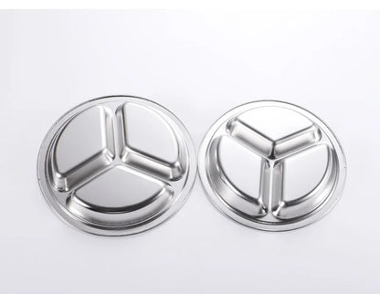 3 Grid Satinless Steel Food Plate Round School Kids Dish Trays Meal Sharing Dishes Set Service Table Student Main Dining Cutlery.