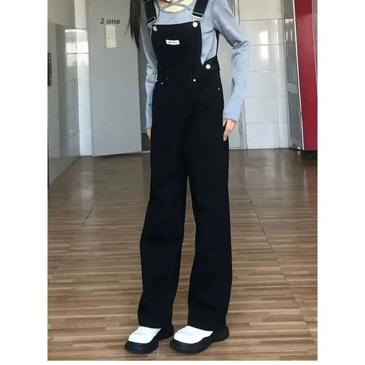 High Waist Wide Leg Jumpsuit Jeans Thin Strap Pants Korean Style Winter New Women's Loose Fit Trousers by None( AE Stock).