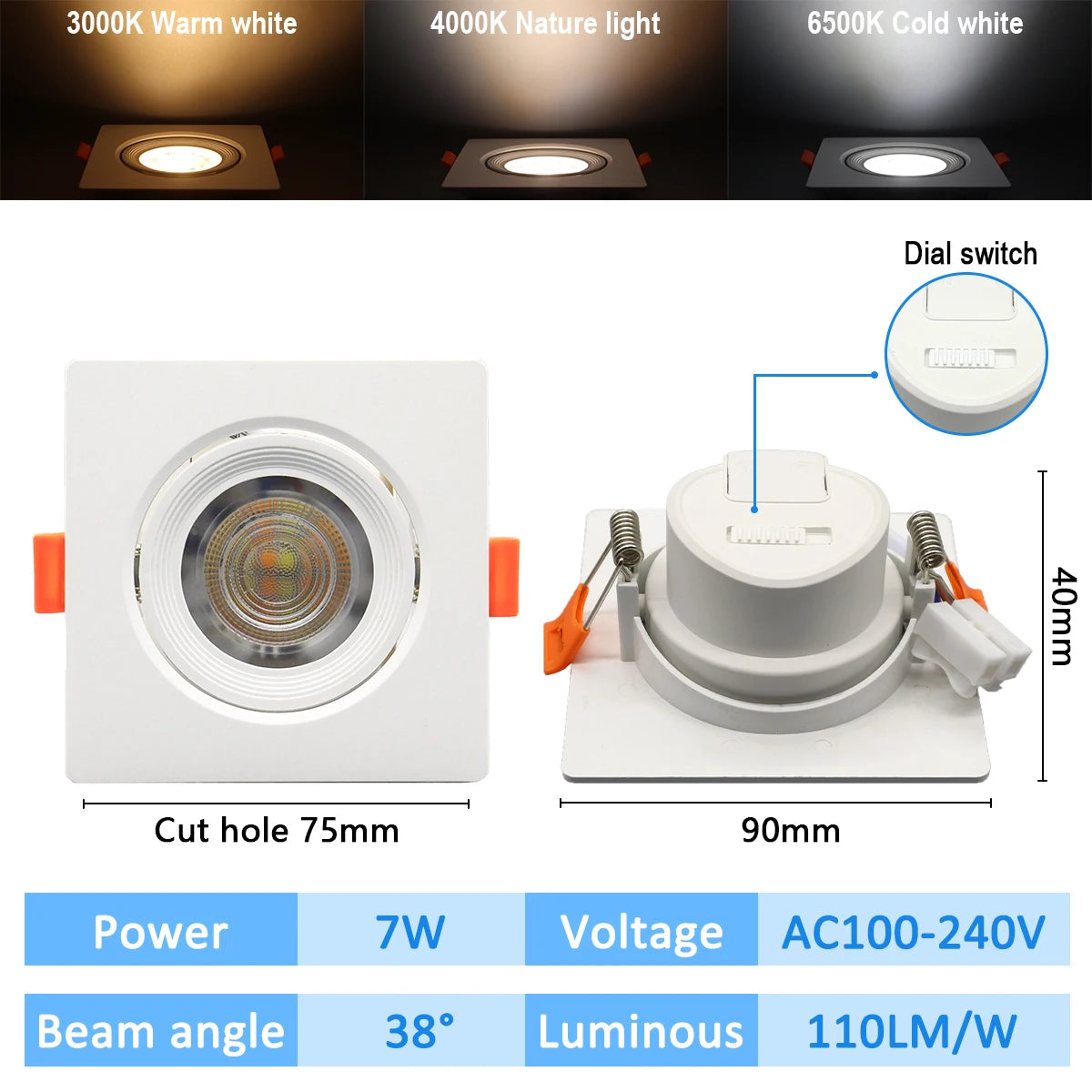 10 stücke CCT Spot Downlight Einbau LED Decke Licht 3 Farbe Eingestellt AC100-240V Zifferblatt Schalter 3000 K/4000 K/6500 K Innen Beleuchtung