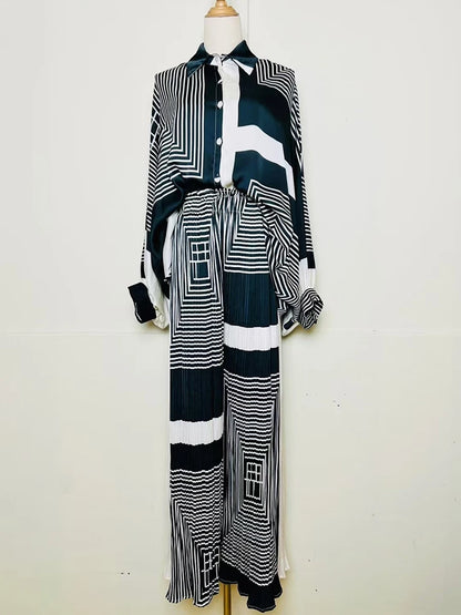 Designer's retro geometric print loose shirt two-piece set for Spring 2025 women's wear + pleated wide-leg pants fashion set.
