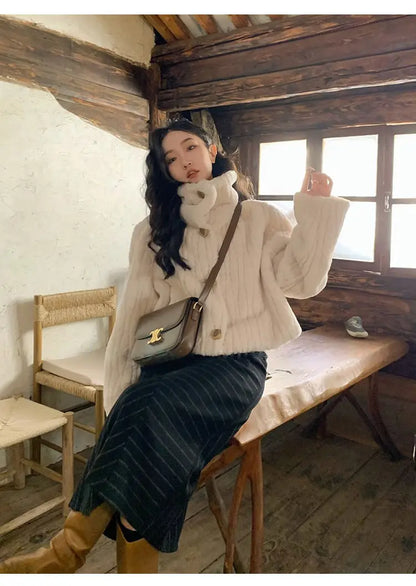 2025 Winter Fashion Stand Collar Warm Plush Short Jacket Women Autumn Retro Street Thickened Loose Harajuku Casual Short Jacket.