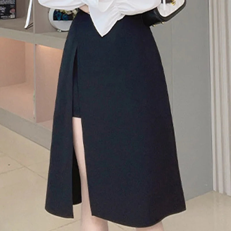 2023 New High Waist Hip Skirt Irregular Slit Black Skirt for Women Summer Mid-length A-line Harajuku Vintage Women Clothing.