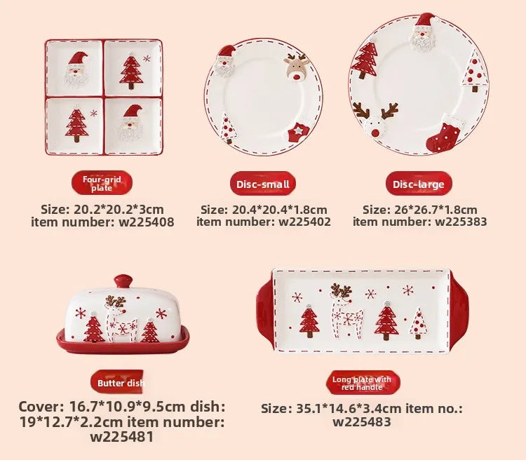 Nordic Stitching Santa Claus Dishes Plates Tableware Set Embossed Sealed Jar Seasoning Jar Western Ceramic Flat Plate Cup.