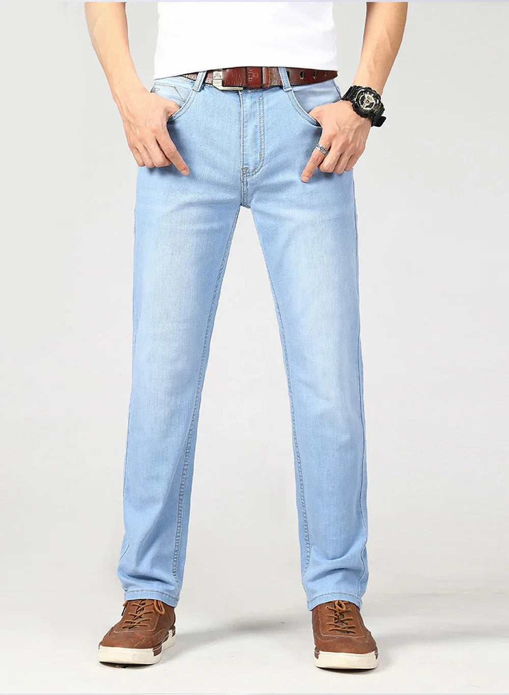 Brand Jeans 2025 Summer Business Jeans Men Light Blue Casual Straight Stretch Fashion Classic Work Denim Trousers Male Clothing.