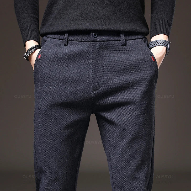 Autumn Winter Men's Brushed Fabric Casual Pants Business Fashion Slim Fit Stretch Thick Gray Blue Black Cotton Trousers Male