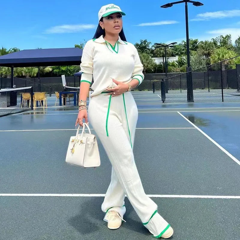 Active Wear Gestrickter lässiger Trainingsanzug für Damen, zweiteiliges Set, sportliches Fitness-gestreiftes Pullover-Oberteil und Hose mit weitem Bein, Jogging-Femme