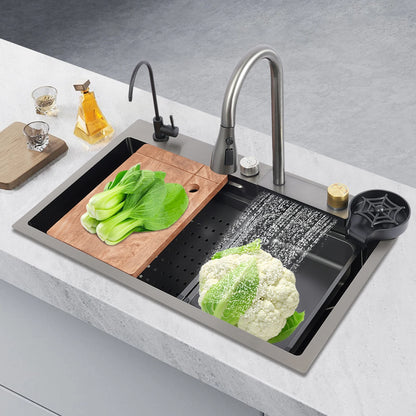 75 cm große Küchenspüle aus Edelstahl, Haushaltsspülbecken-Set mit großem Fassungsvermögen und mehreren Zubehörteilen, 3 Wasserausgangsmodi