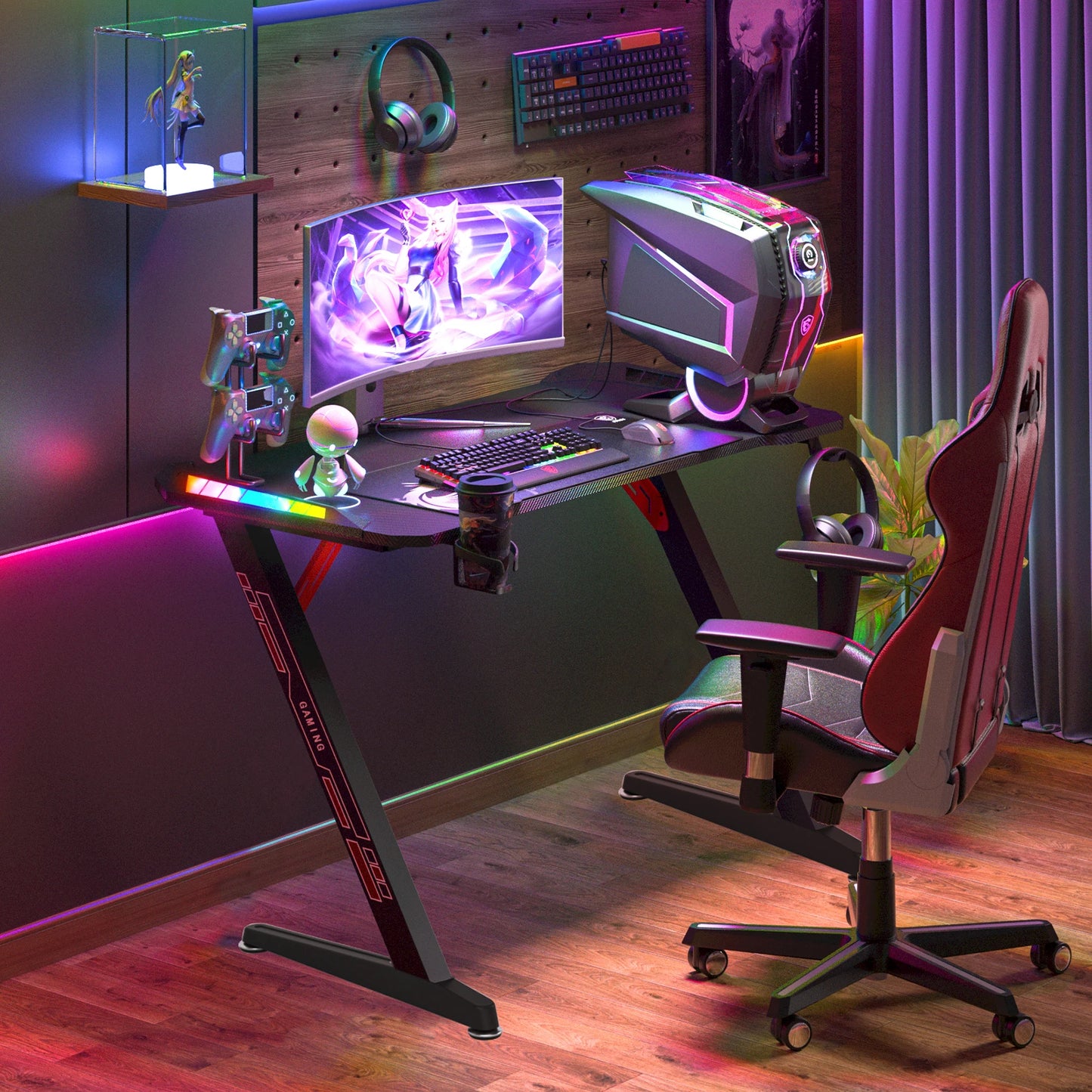 140 cm extra große dynamische RGB-LED-Leuchten, Gaming-Schreibtisch, robust, für Zuhause, Büro, PC, Computertisch, Gamer-Tisch, Metallbeine