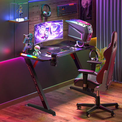 140 cm extra große dynamische RGB-LED-Leuchten, Gaming-Schreibtisch, robust, für Zuhause, Büro, PC, Computertisch, Gamer-Tisch, Metallbeine