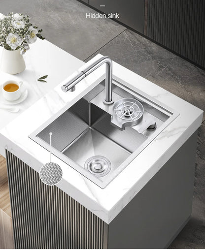 SUS 304 Island Hidden Kitchen Sink Rice Grain Embossing Prevent Scratches Handmade Bar Counter kitchen Sink With Cup Rinser