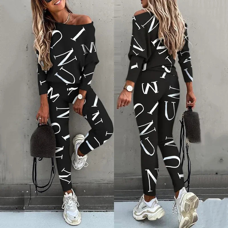Autumn New Women's Fashion Letter Print Sexy Off Shoulder Long Sleeved Leggings Long Pants Casual Comfortable Two-piece Set.