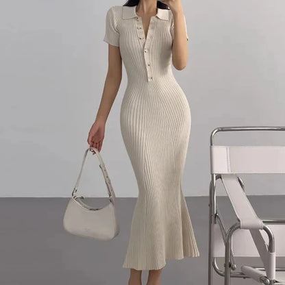 OCEANLOVE Meerjungfrau Rüschen Kleider für Frauen Gestrickte Solide Einreiher Sexy Vestidos Mujer Mode Frühjahr Sommer Langes Kleid