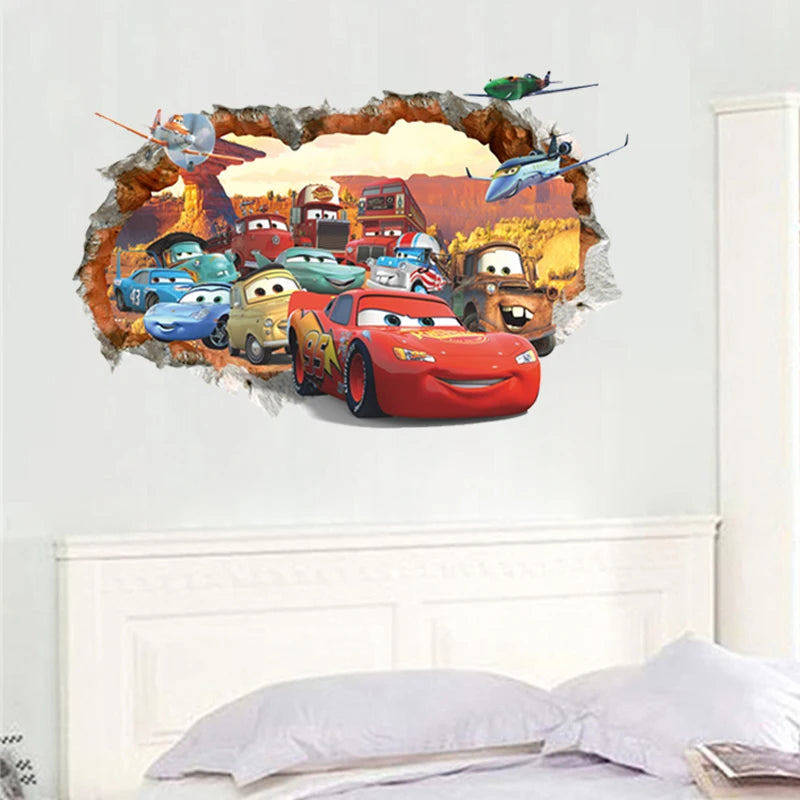 3d Macqueen Cars Broken Hole Wall Sticker For Kids Bedroom Home Decoration Cartoon Anime Mural Art Pvc Movie Poster Boys Decals.