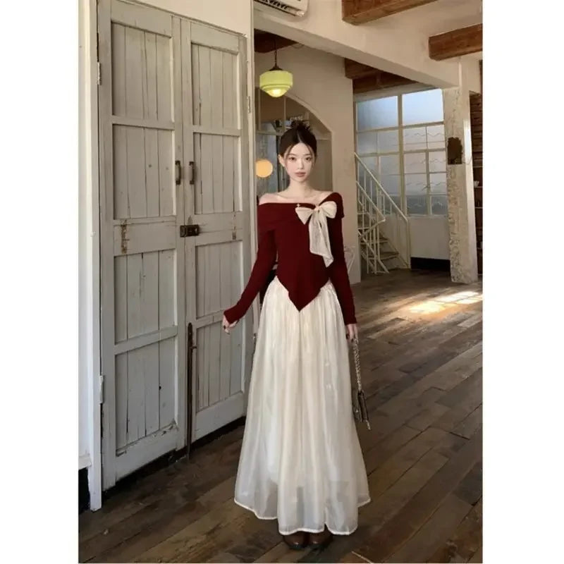 Red One-Shoulder Long-Sleeve Knitted Sweater Women's Spring New Year Slim Fit Short Top Butterfly Knot Decorated Cotton T-shirt.