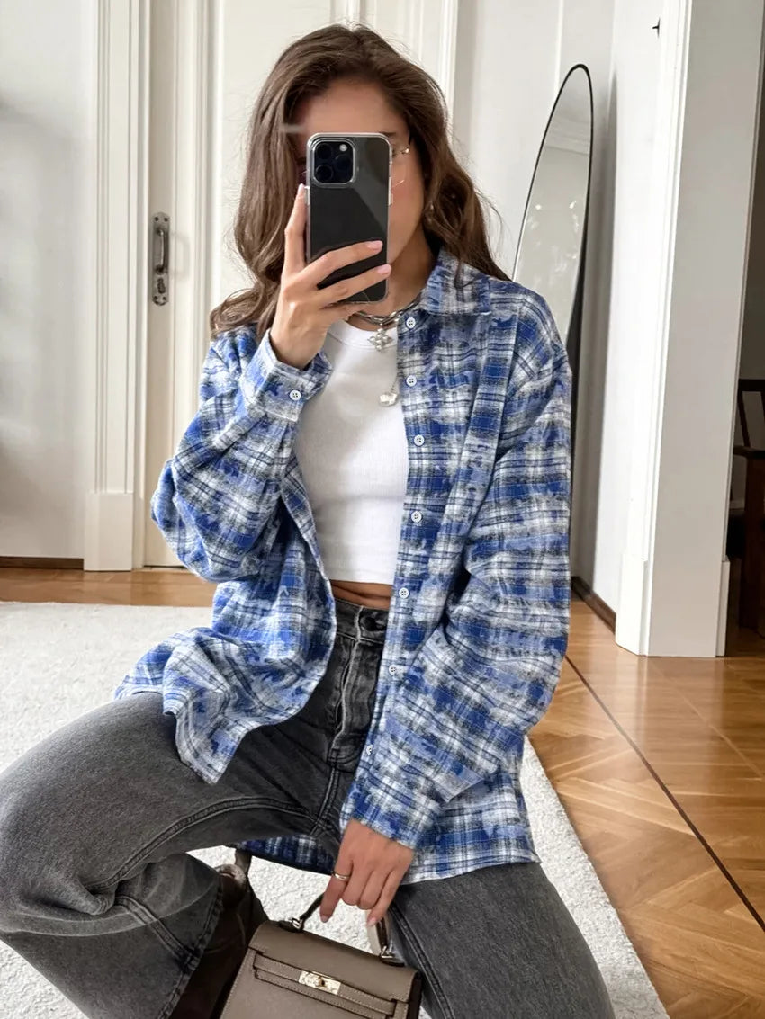 Women's Plaid Shirt Long Sleeve Retro Fashionable Loose Spring Autumn Design Top Street Casual Button Cardigan Blouses for Femal.