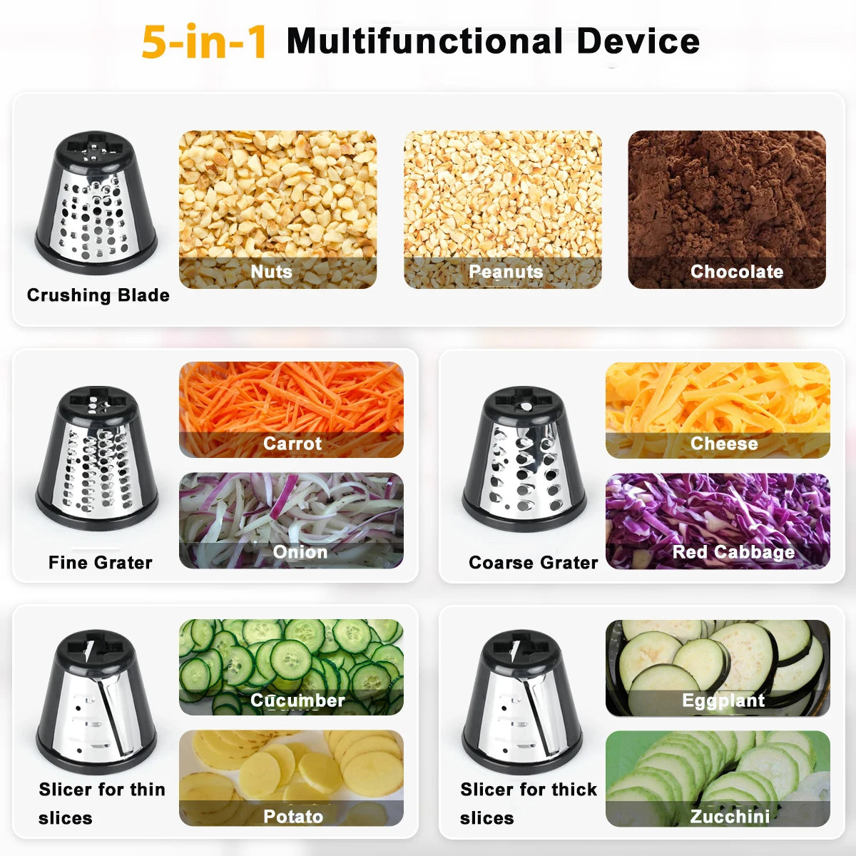 5 in 1 Electric Vegetable Cutter Shredder Automatic Salad Shooter Machine Cheese Grater Carrot Cabbage Slicer.
