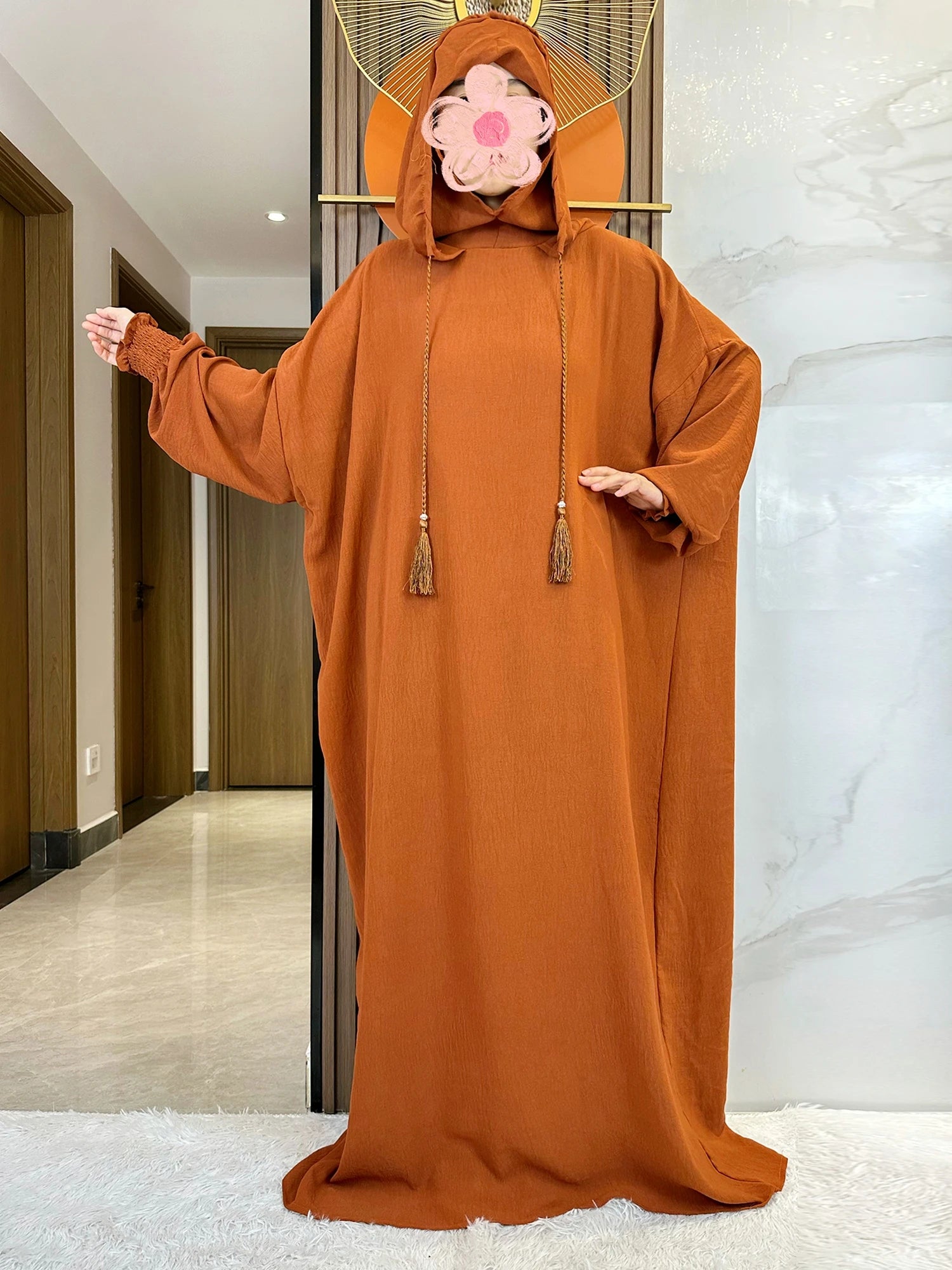 Muslim Abaya Solid Cotton Pullover Two Hat Women Eid Hooded Long Maxi Dress Turkey Kaftan Arab Robe Islamic Hijab Dubai Clothing.