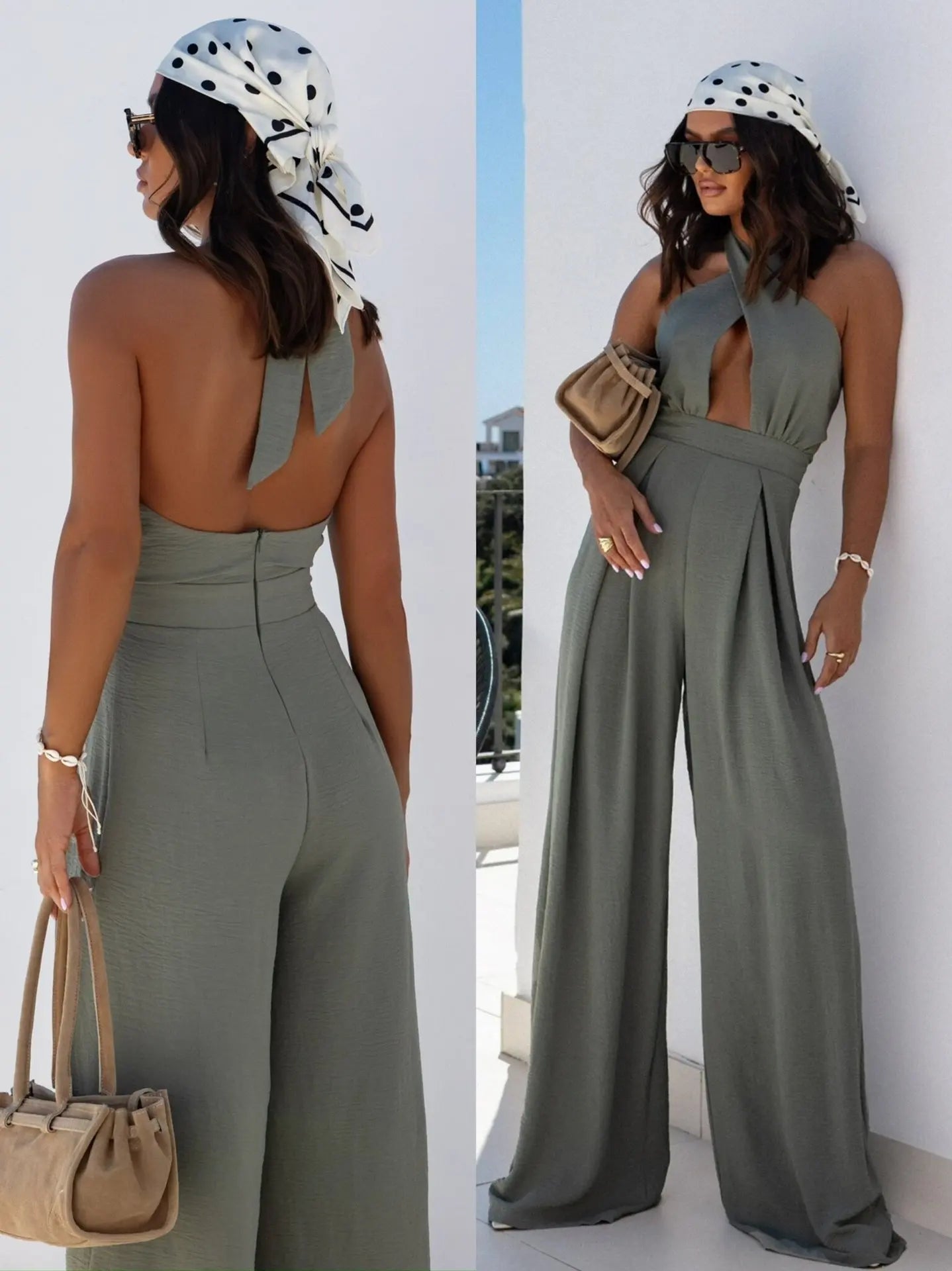 Sexy Backless Halter Neck Sleeveless Bandage Jumpsuit Summer Women Fashion Red Black Hollow Out Wide Leg Jumpsuits Streetwear.