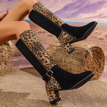 Plus Size 43 Leopard Print Women's Long Boots Mix Color Thick High Heels Boots Woman Autumn Winter Fashion Knee High Botas Mujer.