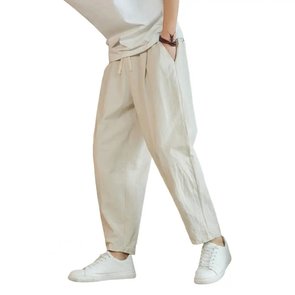 Men Cropped Trousers Men Casual Pants Men's Loose Straight Drawstring Ninth Pants with Elastic Waist Pockets Solid for Daily.