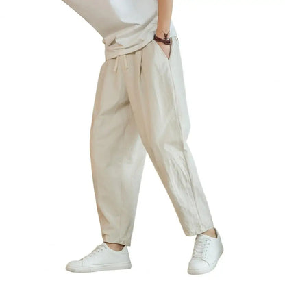 Men Cropped Trousers Men Casual Pants Men's Loose Straight Drawstring Ninth Pants with Elastic Waist Pockets Solid for Daily.