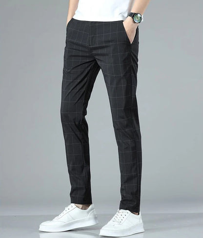 Male Suit Trousers Check Cooling Ice Silk Plaid Straight Up Clothes Offer Slacks Designer Men's Summer Pants Fabric 2025 Classic.