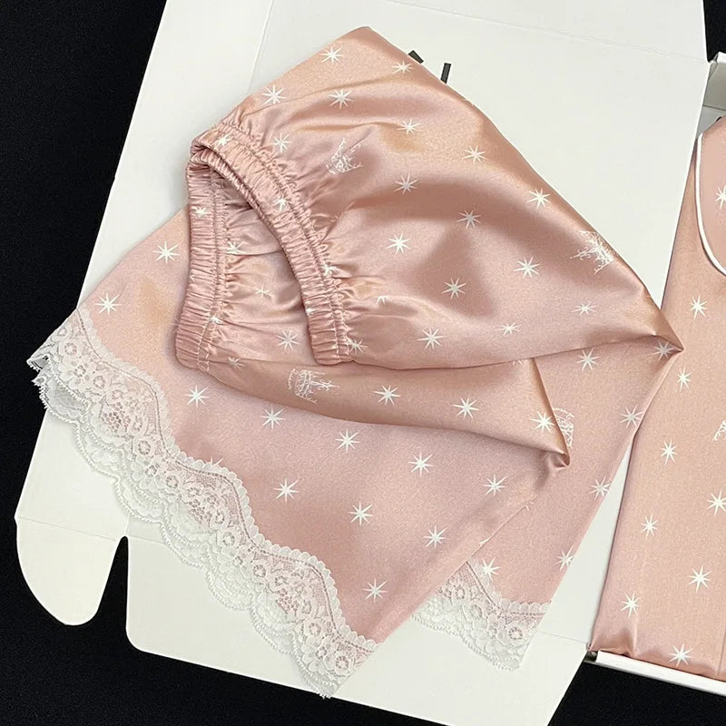 Frauen Neue Sommer Eis Seide Ins Sterne Floral Süße Pyjamas Mädchen Sommer Kurzarm Shorts Studentenwohnheim Homewear Anzug.