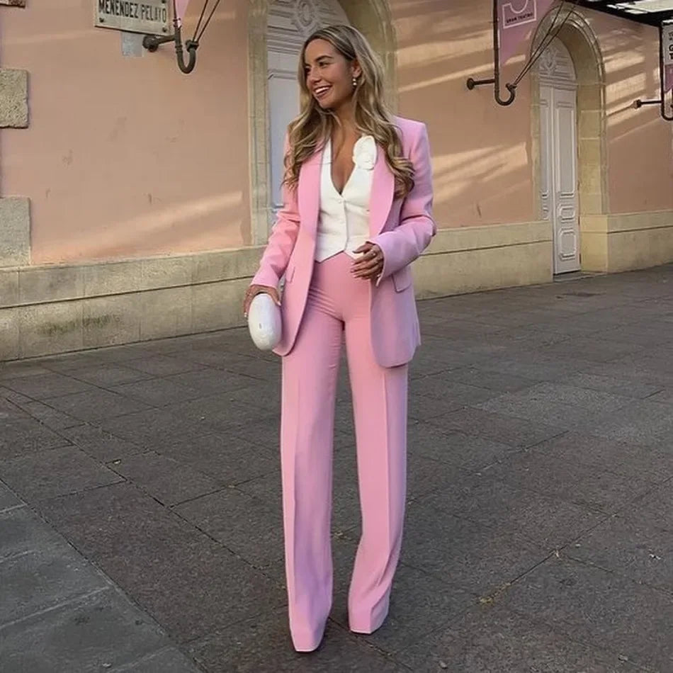 Women's Blazer New Spring Elegant Casual Office Lady Pink Jacket Coat Fashion High Waist Loose Wide Leg Trousers Pant Suit.