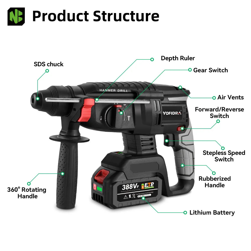 1680W 26MM Bürstenlosen Elektrischen Bohrhammer Multi-funktion Bohren Hammer Schlagbohrmaschine Power Tool Für Makita Batterie pin