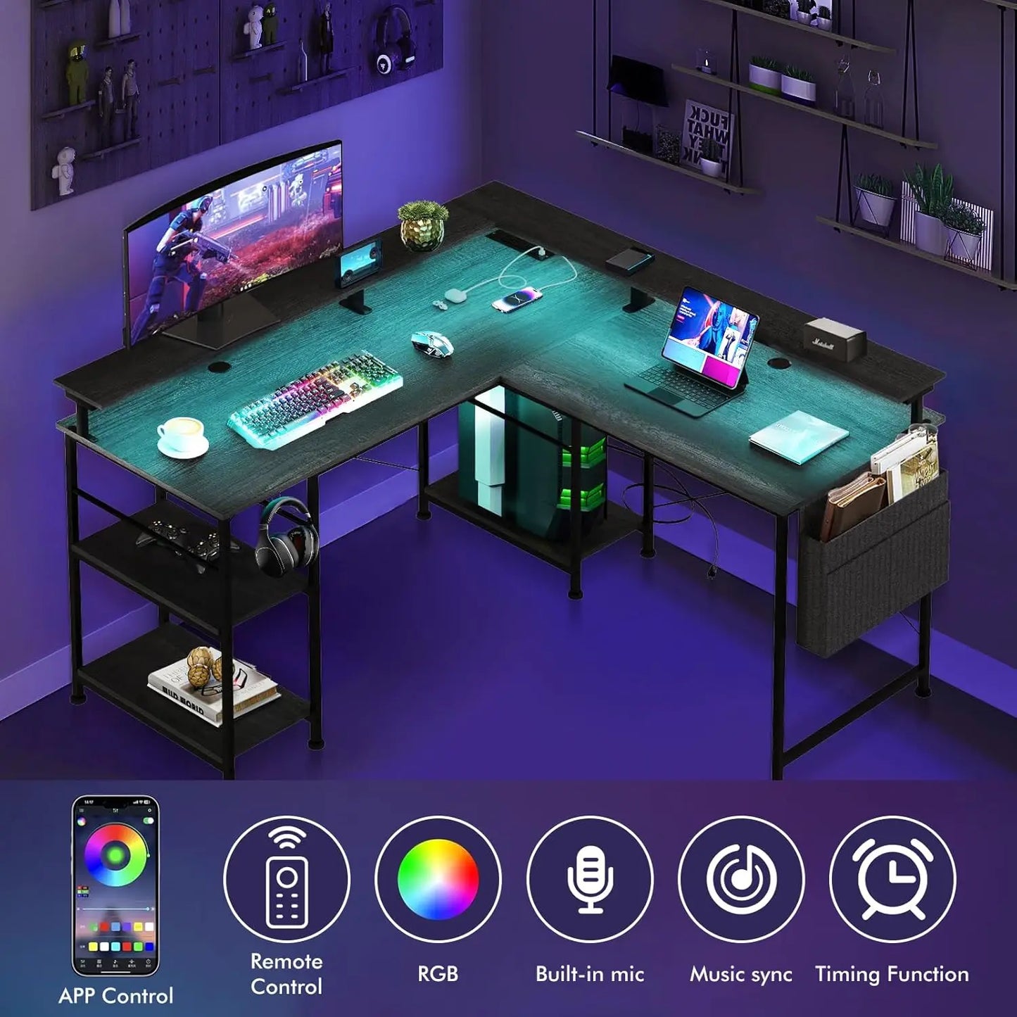 RGB Gaming Schreibtisch L-förmiger Eckschreibtisch Multifunktionaler Computertisch mit Monitorständer und Ablage