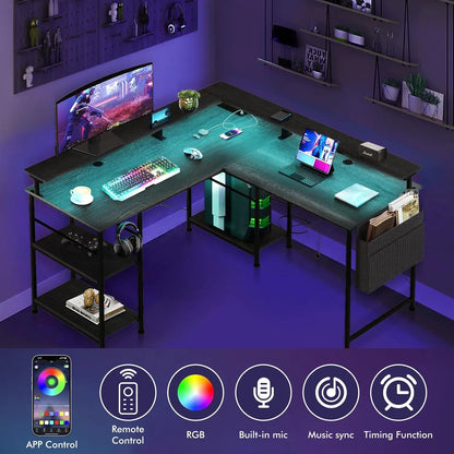 RGB Gaming Schreibtisch L-förmiger Eckschreibtisch Multifunktionaler Computertisch mit Monitorständer und Ablage