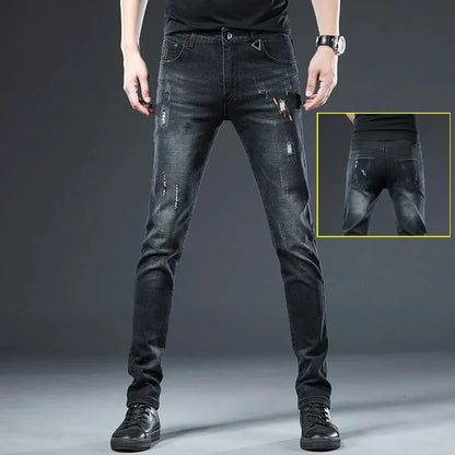 Slim Fit Men's Jeans Casual Elastic Korean Style Autumn Grey Trendy Long Pants Versatile Slim Legged Casual Trousers