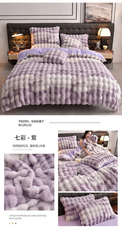 2024 new light luxury rabbit velvet four-piece set thickened warm milk velvet rabbit hair tie-dye bed sheet quilt cover