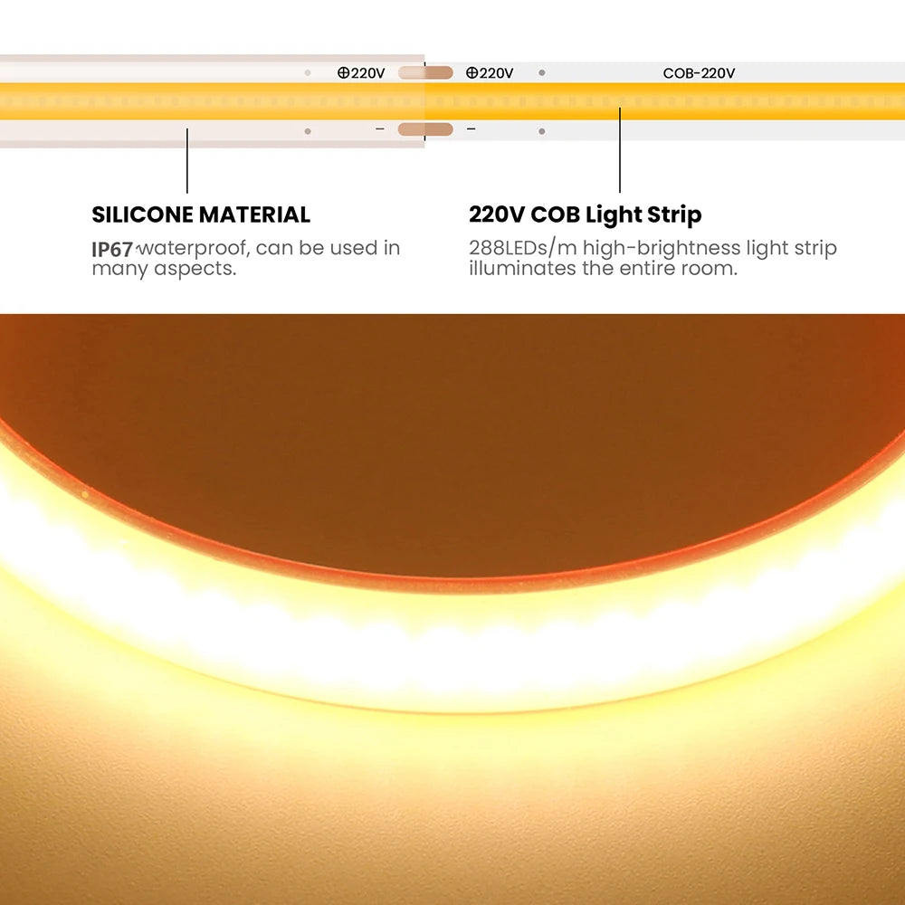 COB LED Streifen Licht Dimmer Schalter EU UK Power Kit 220V 230V 3000K 4000K 6000K 288LED Helle Flex Band Wasserdichte Lineare Beleuchtung.