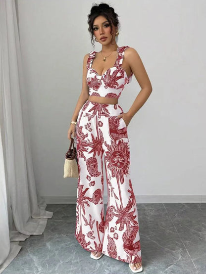 Two Piece Sets Women Pant Print Sling Tops High Waist Wide Leg Pants Drawstring Matching Sets Casual Backless Tops Summer 2025.