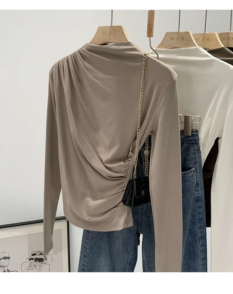 Early Autumn Pure Color High Neck Pleated Slim Fit Sexy Base Shirt Women's Fashionable Crew Neck T-shirt Full Sleeve China Origi