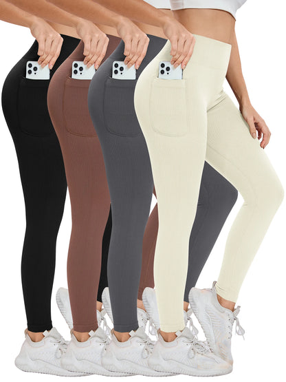 Women's solid color threaded sports leggings seamless cross-border yoga pants high-waisted fitness pants Yoga wear with pocket.