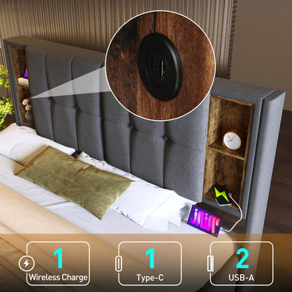 KOMHTOM Doppelbett Polsterbett Grau Baumwolle - Kabelloses Laden USB C, Bettgestell mit Stauraum, Holz-Lattenrost, ohne Matratze