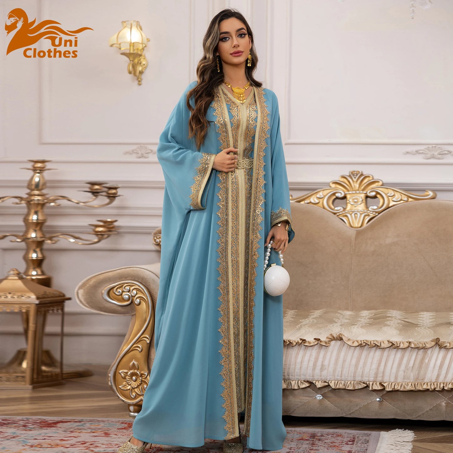 Uni Ramadan Sequins Dubai Abayas Arab Tunics Batwing Sleeve Dresses For Women Gala Two pieces Moroccan Elegant Kebaya