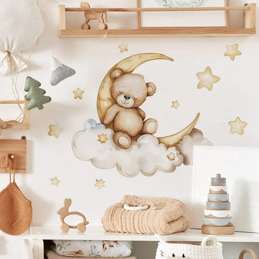 Cute Bear Moon Star Wall Stickers for Kids Rooms Girls Boys Baby Room Decoration Kawaii Cartoon Animal Nursery Wallpaper Vinyl.