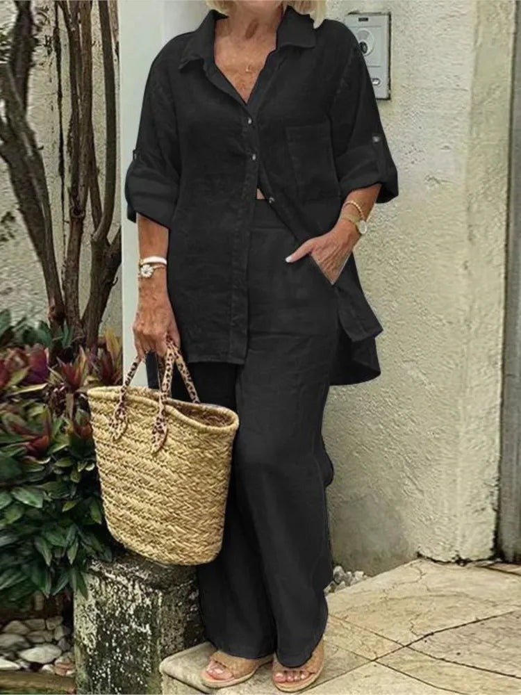 Elegant Solid Cotton Linen Shirt 2 Piece Set For Women Casual Outfits Autumn Long Sleeve Pocket Top Wide Leg Pants Suits Female.