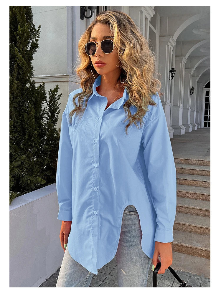 New Long Sleeve Ladies Tops Blouses Button Down Casual Shirt Women Turn-down Solid Collar Loose Blouse Women.