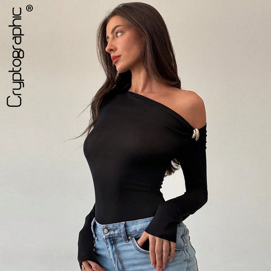 Cryptographic Autumn Casual Basic Asymmetrical Top Women Elegant Solid Long Sleeve Pullovers Black Top Y2K Slim Vintage Clothes.