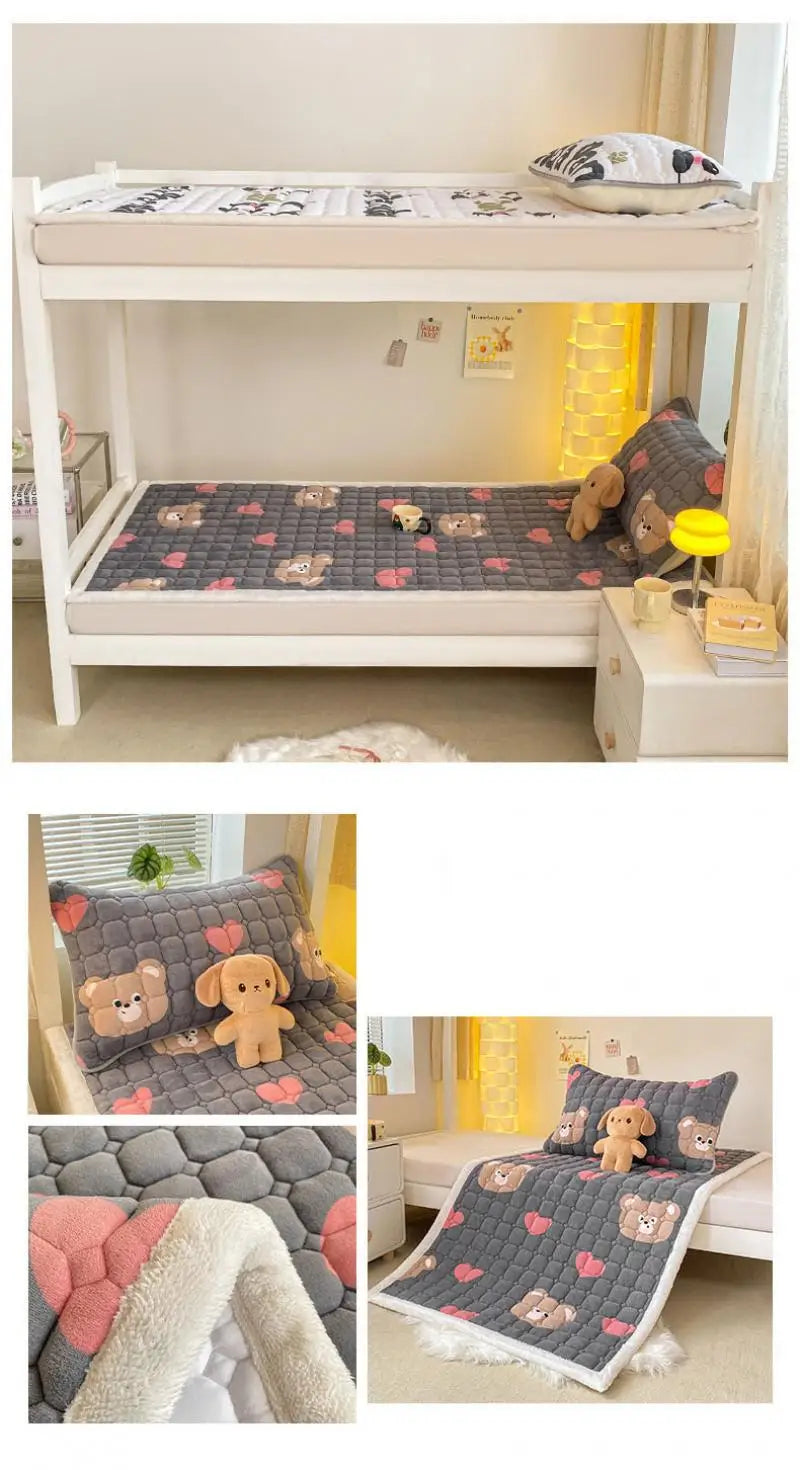 Cartoon Printed Warm Bed Mattress Super Soft Cozy Milk Velvet Single Bedding Protector Thick Tatami Mats for Autumn and Winter