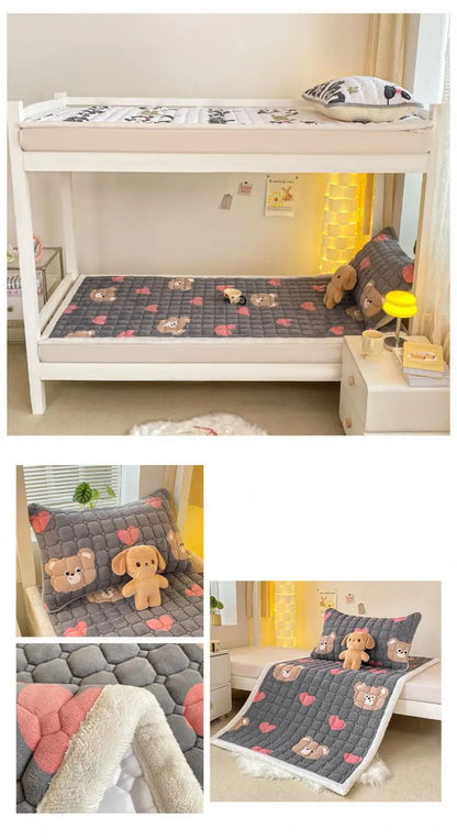 Cartoon Printed Warm Bed Mattress Super Soft Cozy Milk Velvet Single Bedding Protector Thick Tatami Mats for Autumn and Winter