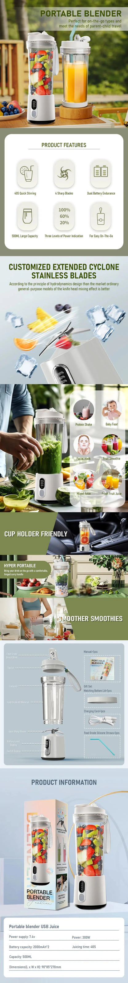 New 300W Powerful Juicer USB 4000mAh Battery Multi-use Juice Cup Grinder Outdoor Portable Fresh Fruit Blender Smoothie Juice Cup.